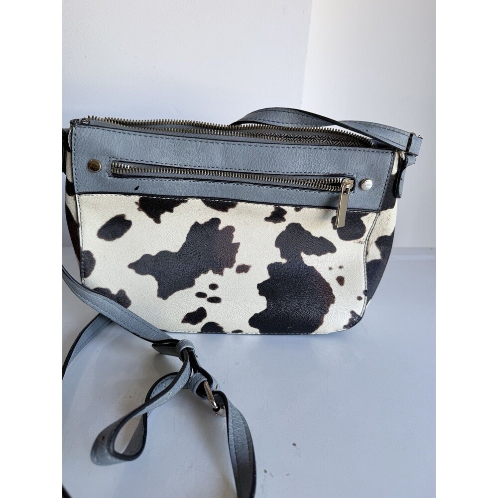 Cowhide Crossbody Bag Black White Print Blue Trim Zipper Pockets Purse